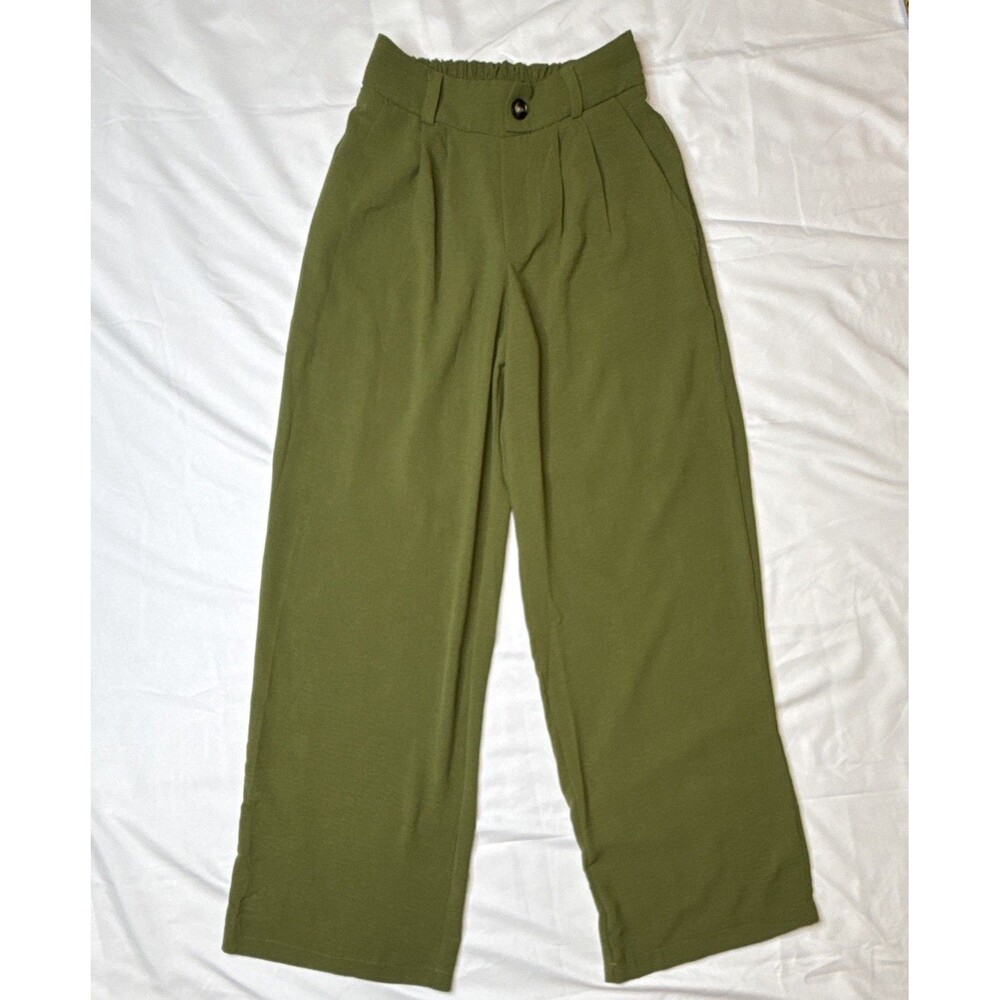 Tullea Women’s Green Solid Pleated Wide-Leg Pants w/ Pockets, Size M